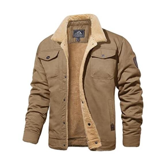 Mens Sherpa Lined Winter Jacket Cotton Trucker Coat Multi Pocket